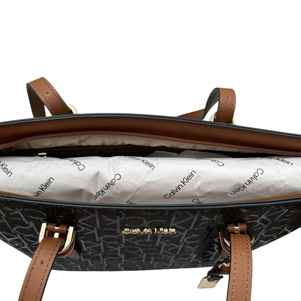Calvin Klein Serafina Signature Tote Handbag Brown Jacquard Print 15.5x10.5x4.5
